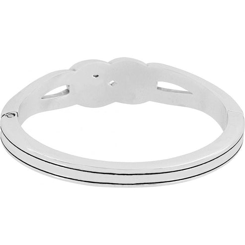 Silver plated Interlok Hinged Bangle with a magnetic closure and interlocking knot design.