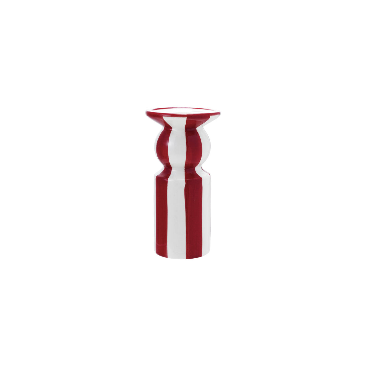 Hand-painted ceramic taper holder with red and white vertical stripes and a sculpted silhouette.