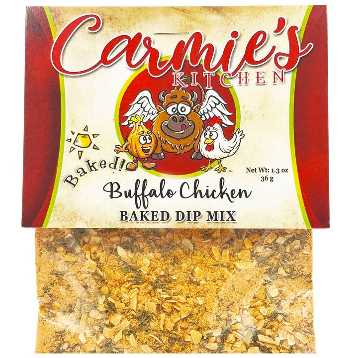 Carmie's Kitchen Buffalo Chicken Baked Dip Mix in a clear packet with a red and yellow label.