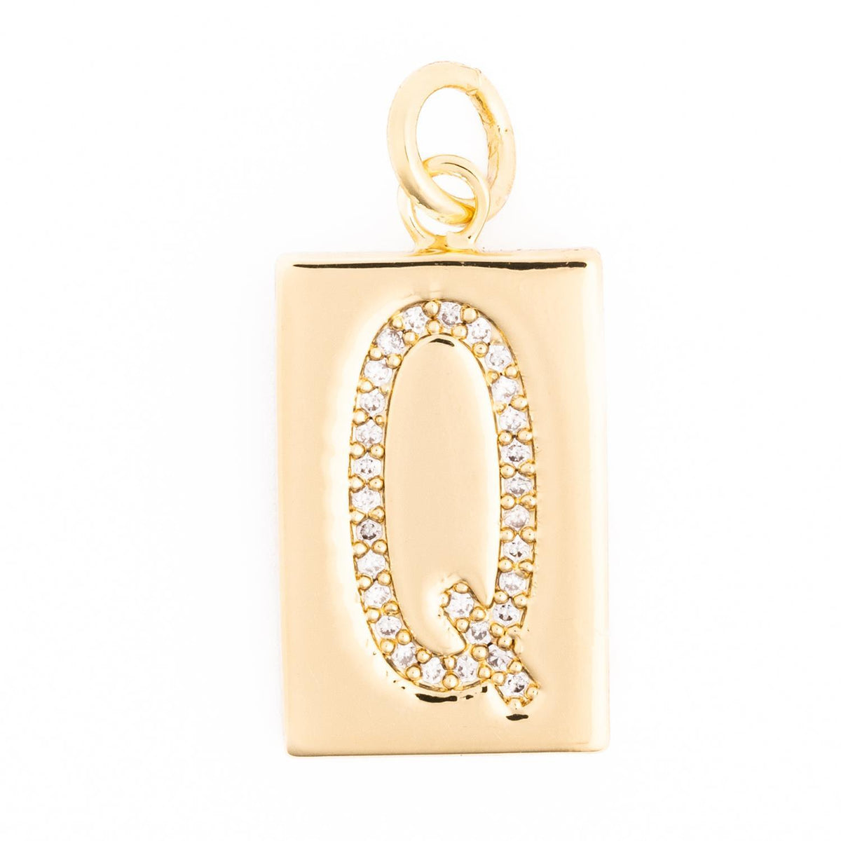 Gold rectangular charm featuring a crystal-encrusted letter Q with a top bail.