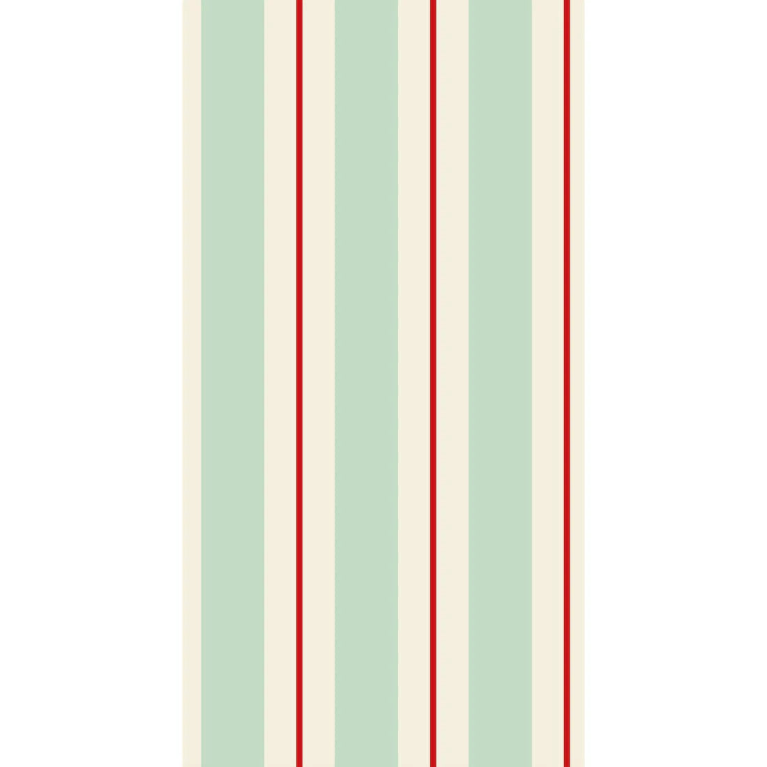 Guest napkin with vertical stripes in light green, cream, and thin red lines.