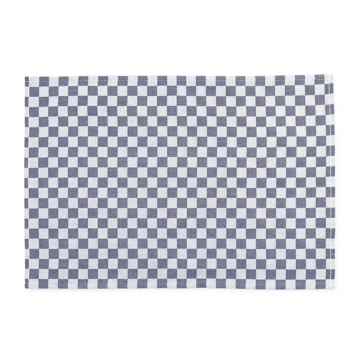 Rectangular blue and white checkered cotton placemat.
