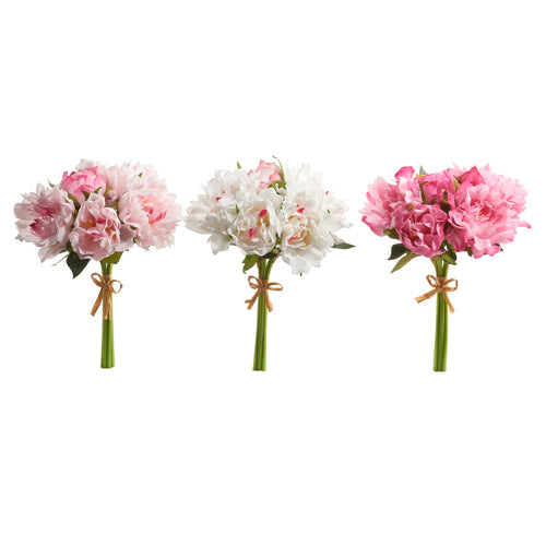 Bundle of three artificial peony flowers in pink polyester foam with realistic petals.