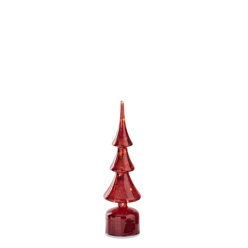Rotating ribbed red mercury glass LED Christmas tree with a tiered design and warm interior lights.