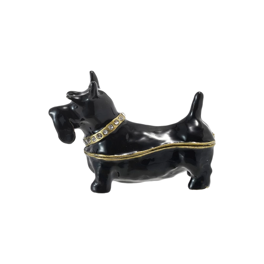 Gold-finished enameled metal Scottie dog-shaped trinket box with black enamel and jeweled accents.