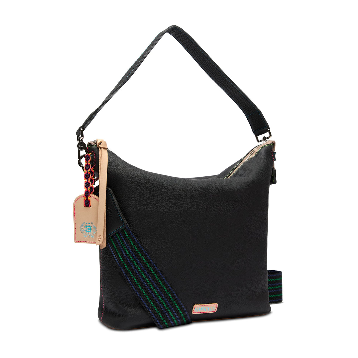 Black pebbled leather Cyndi Hobo bag with zipper closure, detachable straps, and interior pockets.