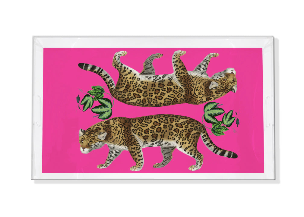 Square acrylic tray in hot pink with a leopard print double-sided pattern