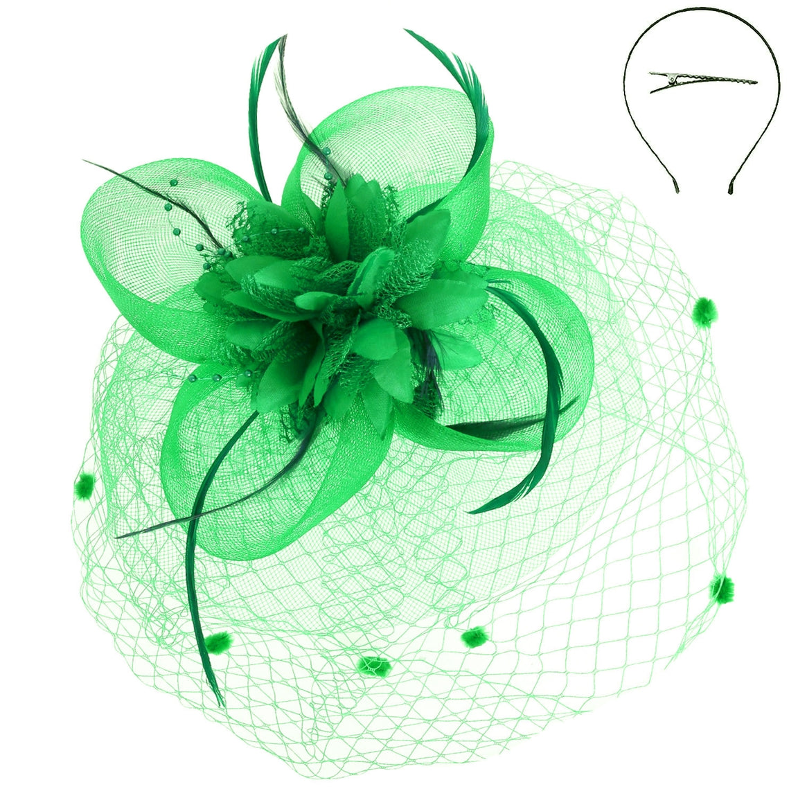Round floral feathered fascinator with sheer mesh veil in pink tones