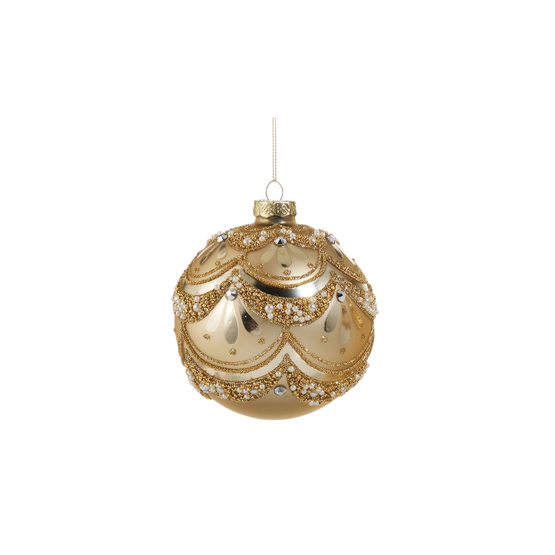 4-inch gold glass ball ornament with intricate glitter patterns and white pearl trim.