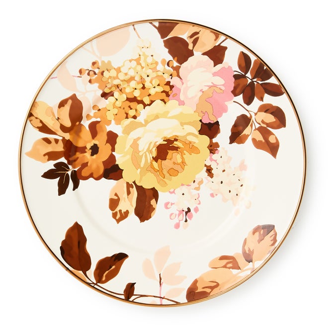 Wild Rose White Salad Plate with yellow, pink, and brown floral patterns and a gold rim.