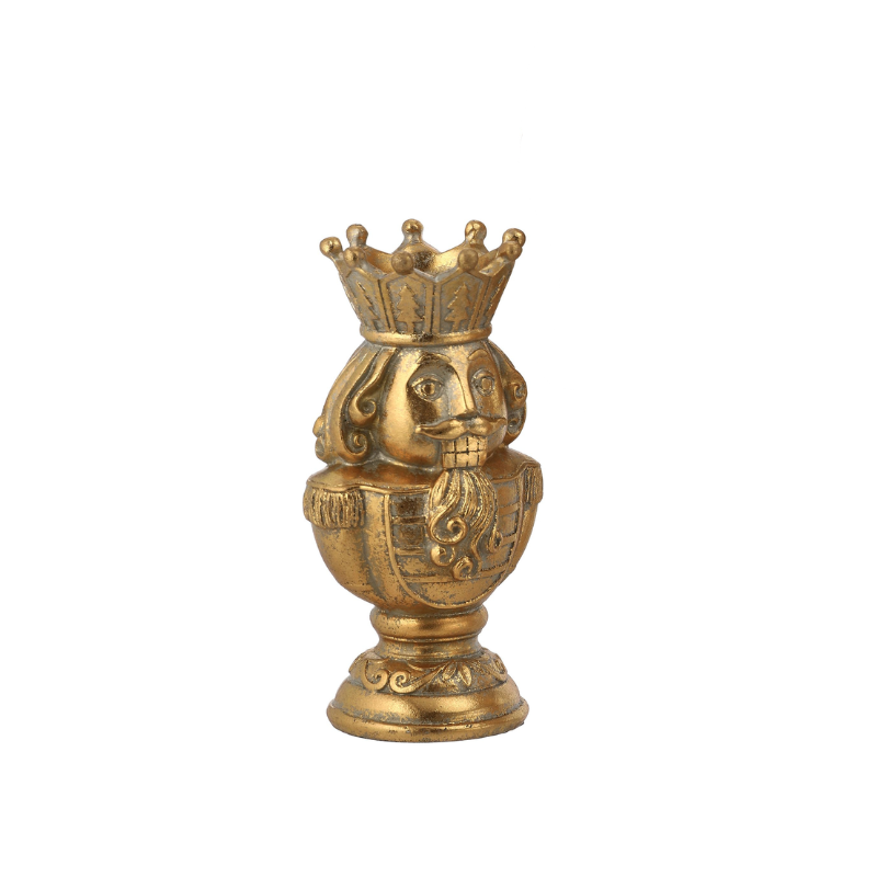 6-inch gold resin nutcracker bust wearing a crown on a decorative pedestal base.