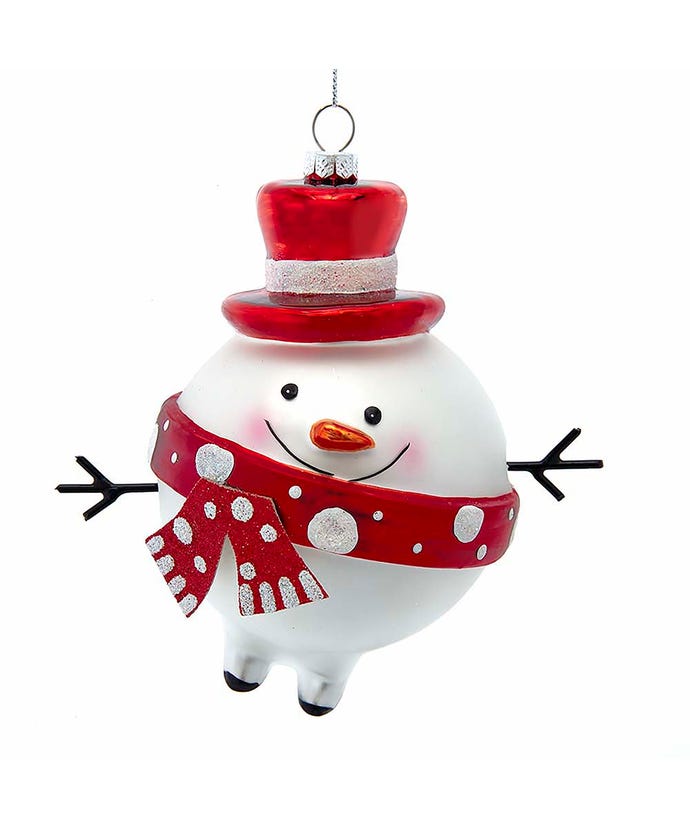 Glass snowman ball ornament with a red glittered top hat, red polka dot scarf, and stick arms.