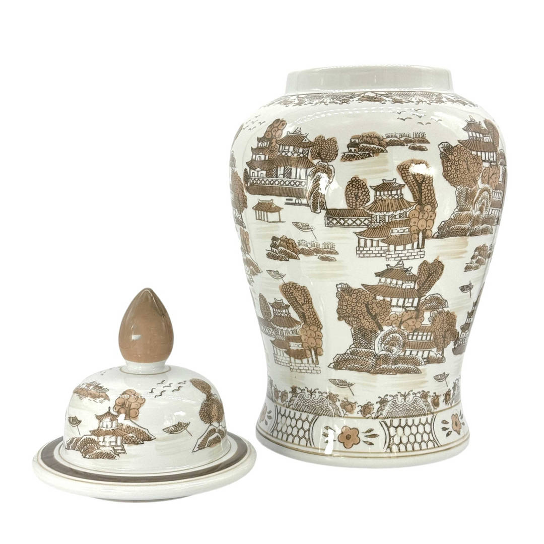 25-inch brown and white ceramic jar with a chinoiserie landscape pattern and matching lid.