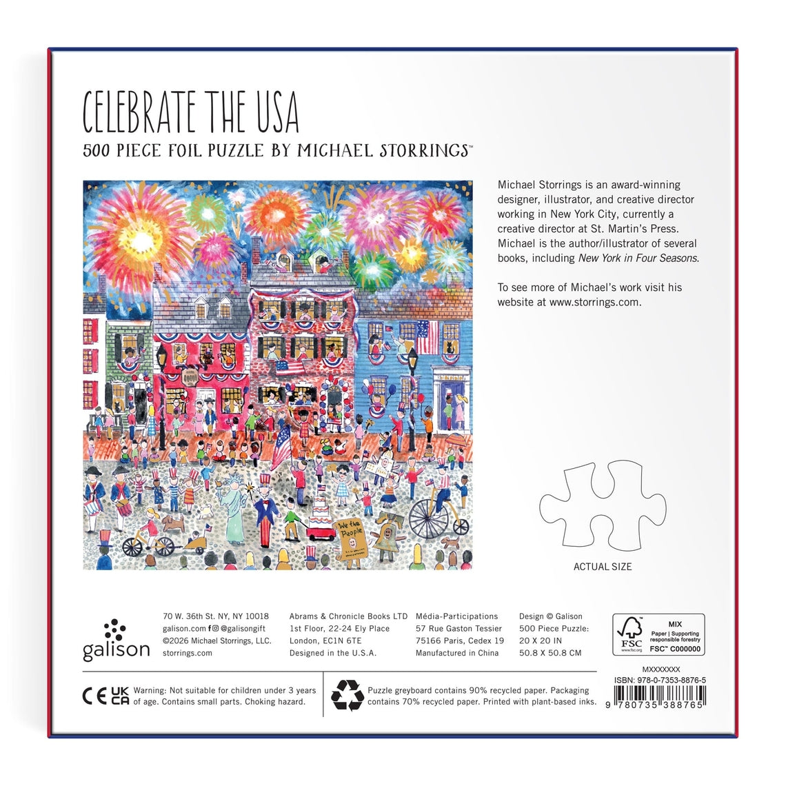 Michael Storrings Celebrate the USA foil puzzle featuring fireworks and flags on greyboard.