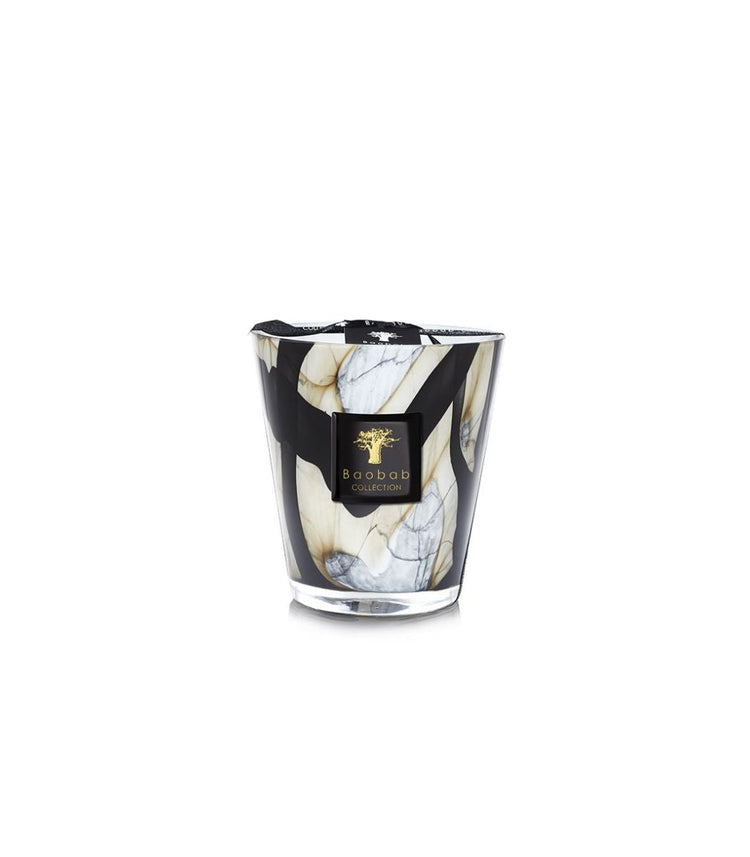 Baobab Collection Stones Marble candle in a glass vessel with black and white marble patterns.