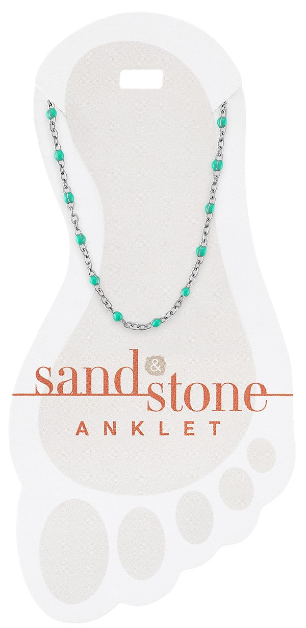 Silver petite blue beaded chain anklet with stone accents on a sand-colored background