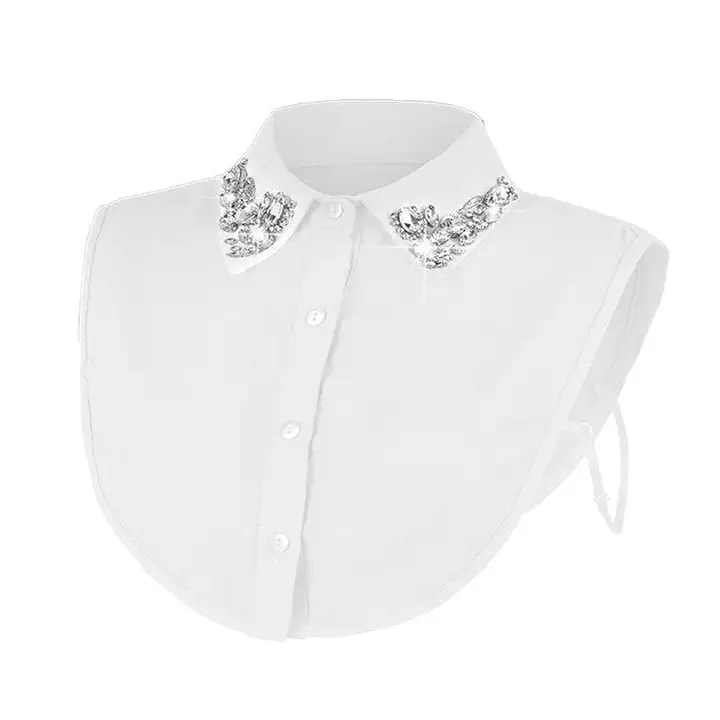White detachable shirt collar with diamond-studded embellishments on the collar points.