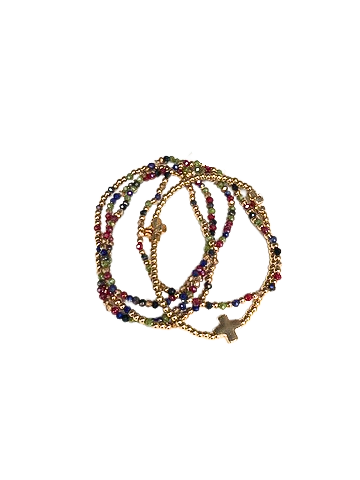 Set of five multi-strand stretch bracelets with gold, red, blue, and green beads and a gold cross.