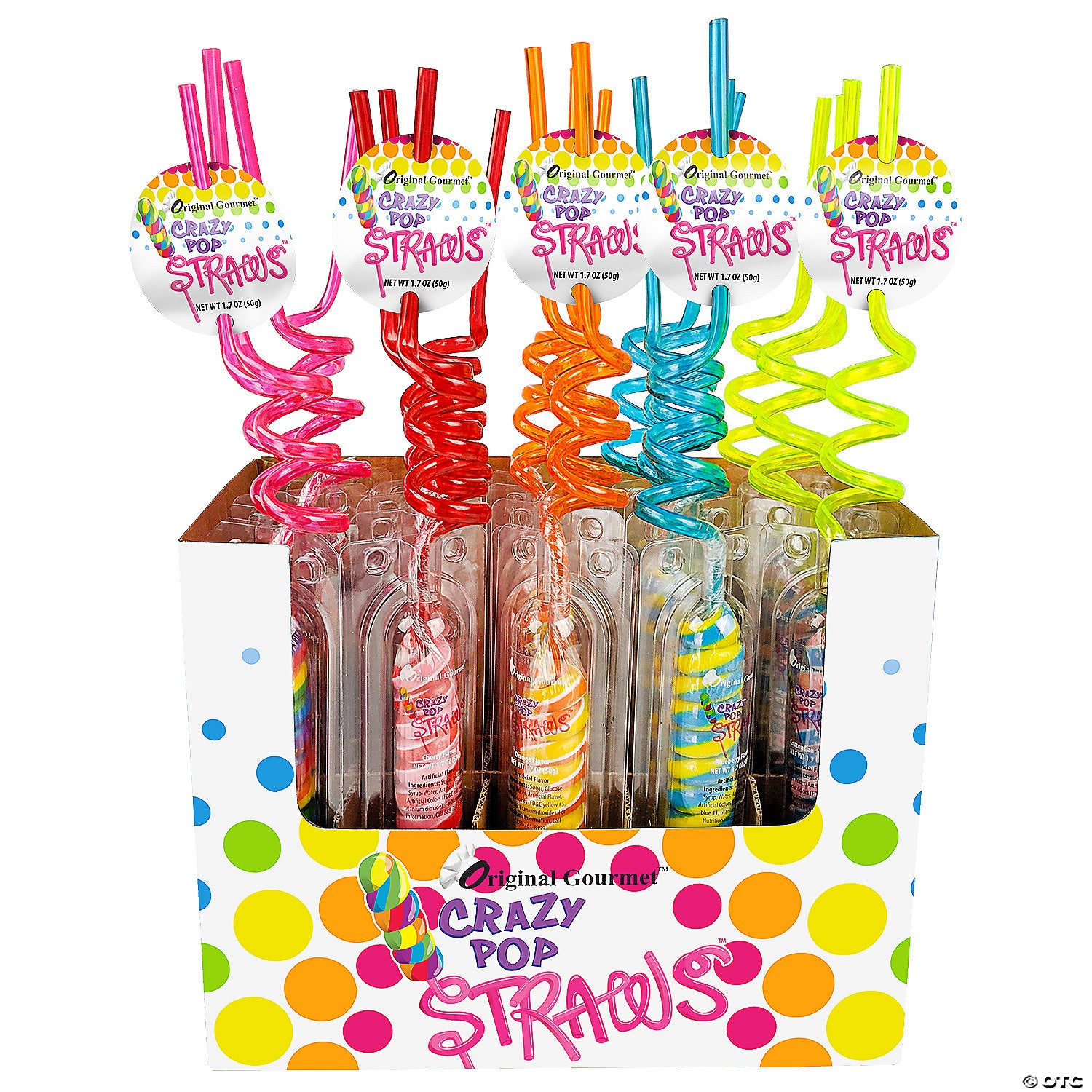 Two-inch colorful pop straws mounted on four-and-a-half-inch plastic sticks in a two-eighth-ounce package.