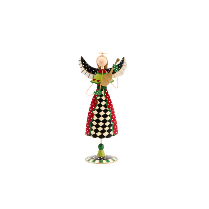 Hand-painted tin angel figurine with wings, holding a lute, featuring checkered and polka dot patterns