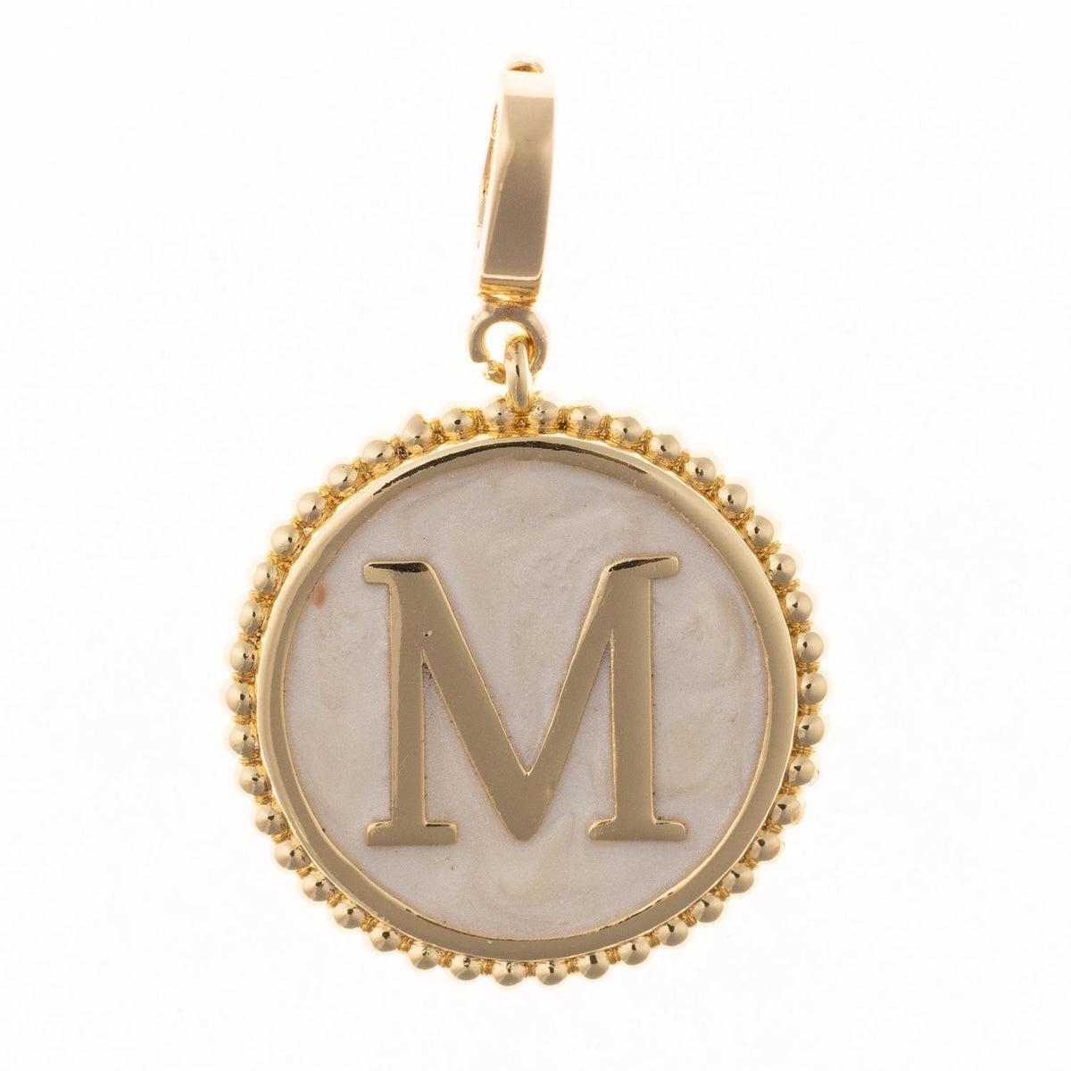 Circular initial charm in 18k gold plating with faux mother-of-pearl inlay and clasp.