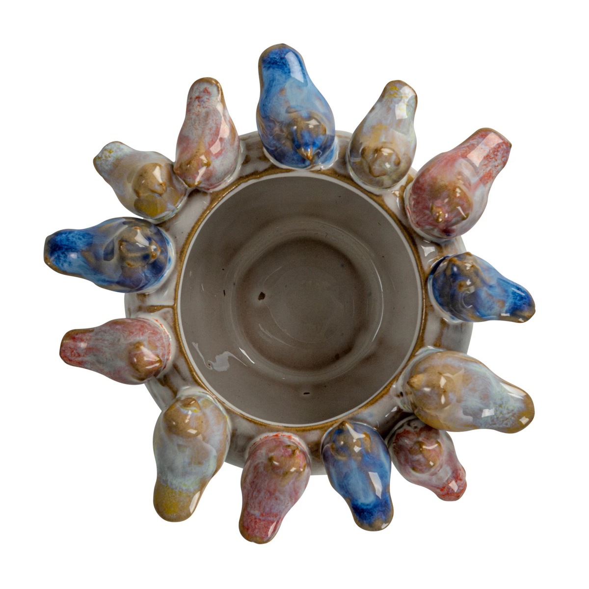 Round stoneware planter with reactive glaze finish featuring a bird pattern on the rim.