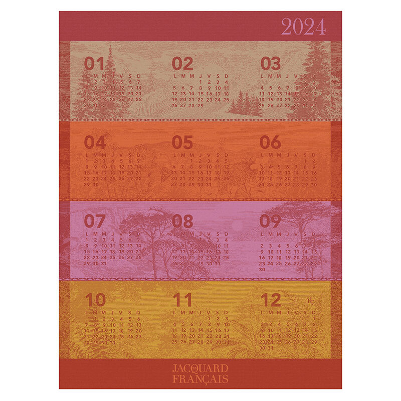 Tea Towel Calendrier 2024 featuring a 12-month calendar grid on a multi-colored cotton fabric.