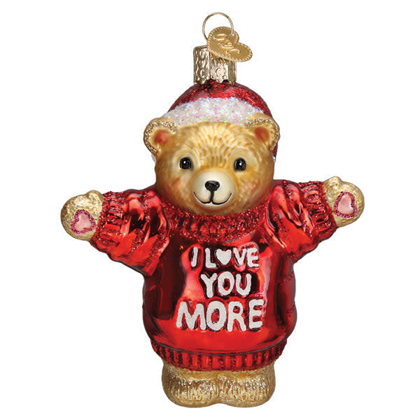 Red ceramic Christmas ornament shaped like a teddy bear with 'I Love You More' text on its chest.