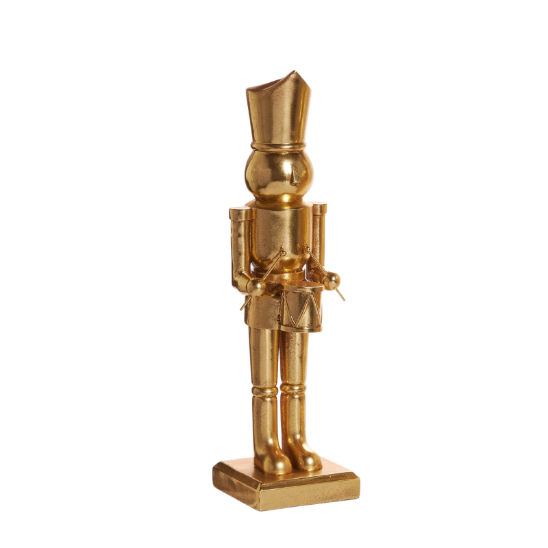 18-inch gold resin nutcracker drummer figurine on a square base.