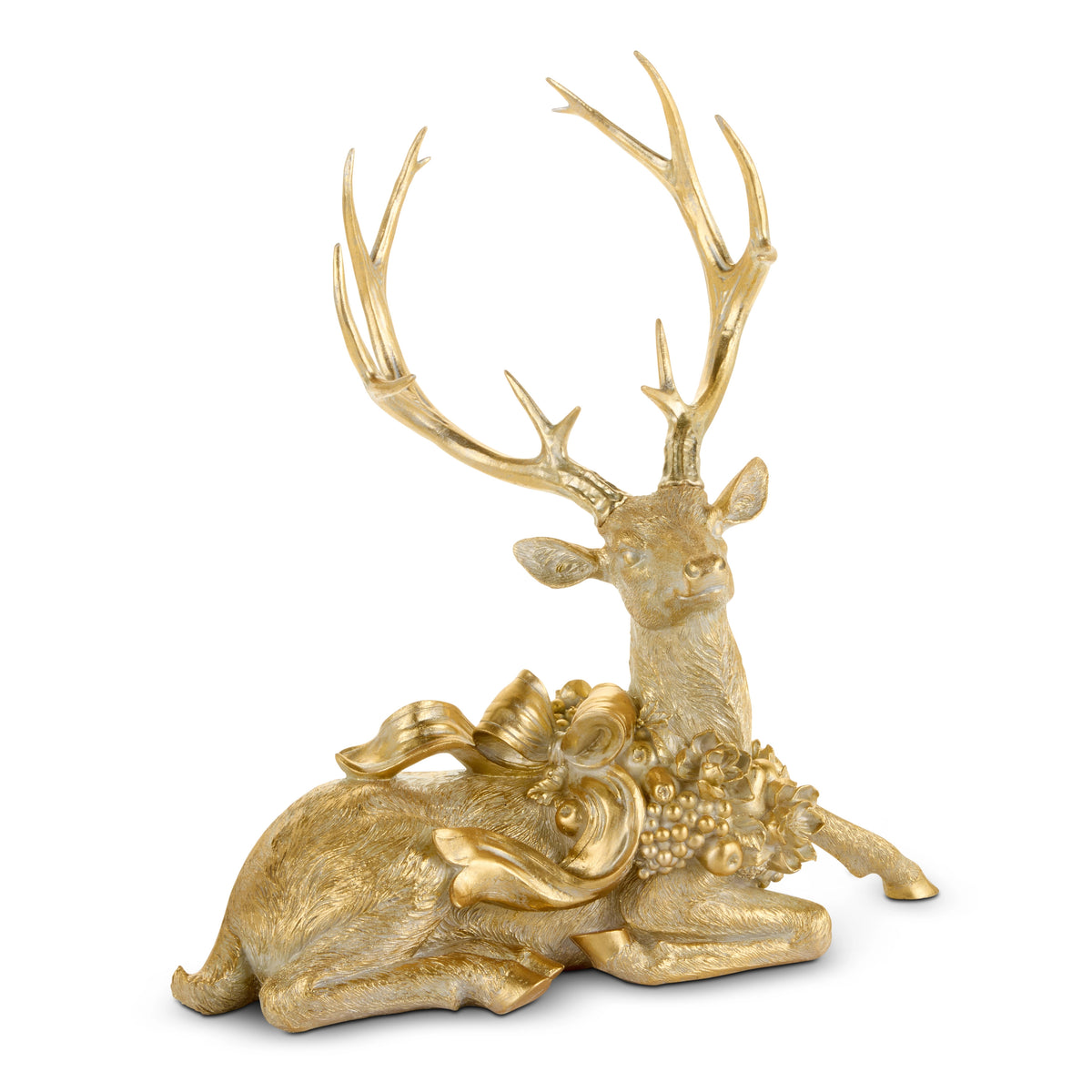 19.5-inch gold resin laying deer figurine with large antlers and a decorative bow and floral collar