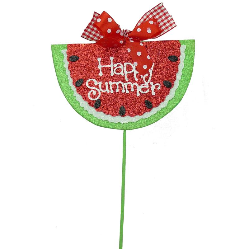Watermelon spray bottle with red foam cross-section, black glitter seeds, green foil stem, and white bow.