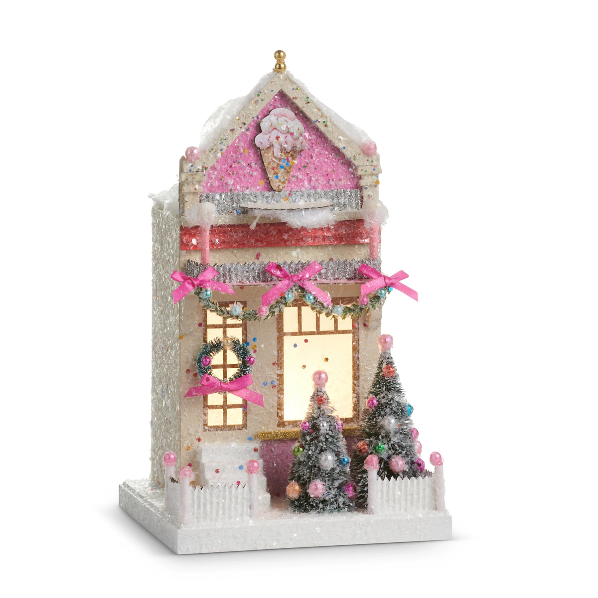 12-inch lighted paper ice cream shop with pink accents, glitter, and miniature Christmas trees.