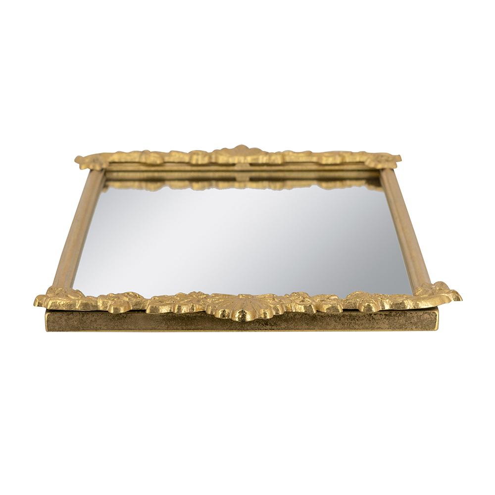 Gold-framed mirror tray with intricate floral detailing