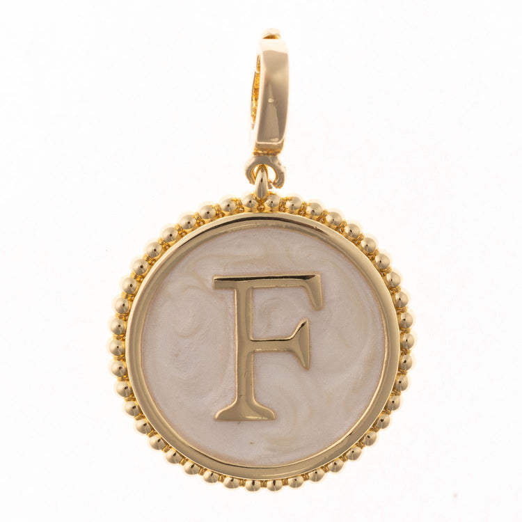 Madison Initial Charm with 18k gold plating, letter F, and faux mother of pearl inlay.