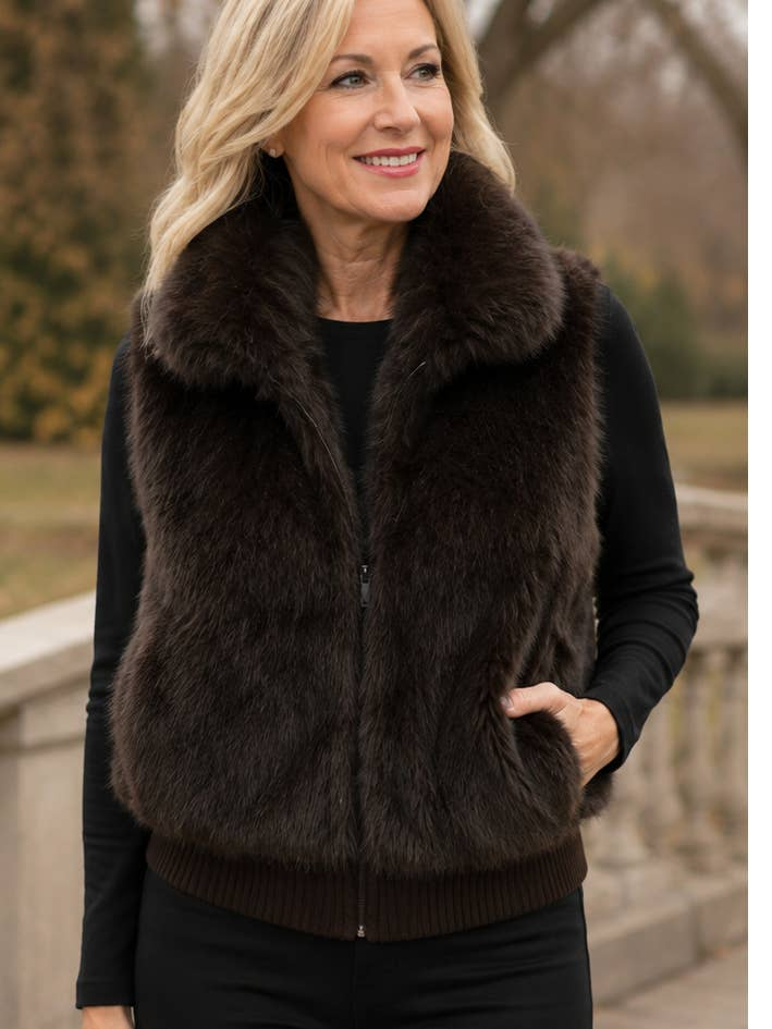 Woman wearing a Jenny Fur Bomber Zip Up Vest in dark brown with a statement collar and ribbed hem.