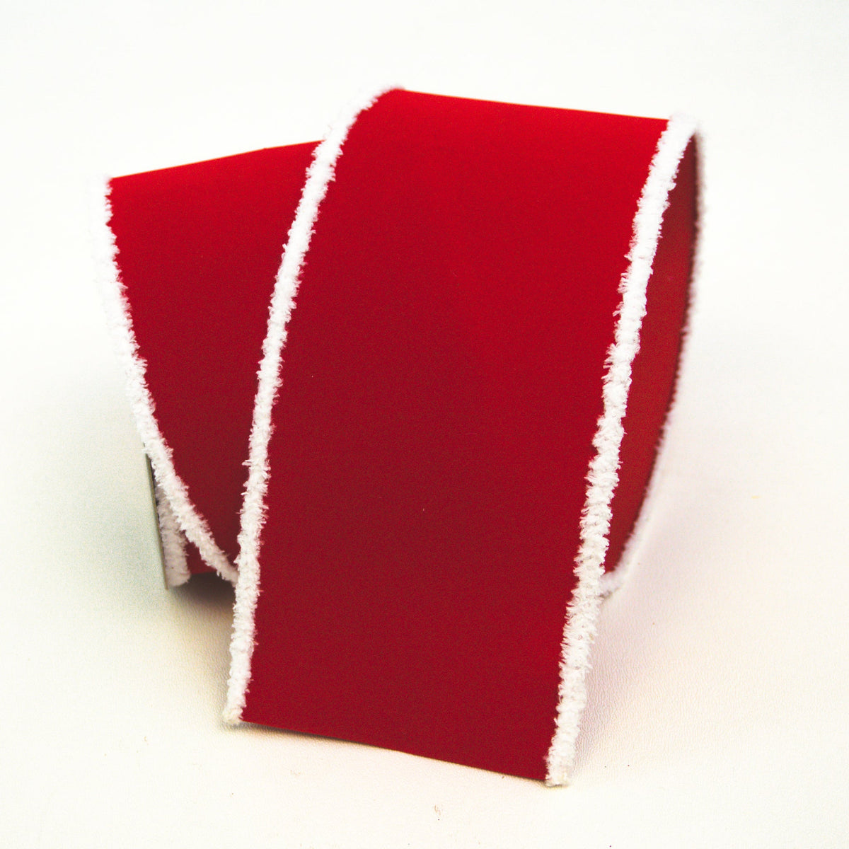 Red flocked velvet ribbon with wired edge fused to secondary fabric