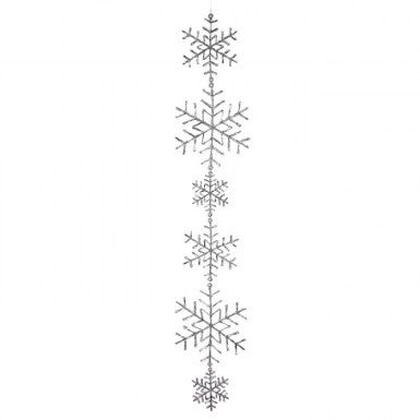 58-inch clear garland featuring a vertical string of large and small glittery snowflakes.