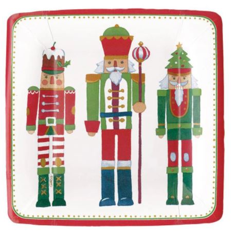 Pack of eight red Christmas-themed paper plates with white snowflake patterns.
