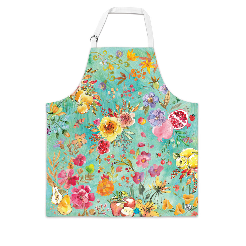 White cotton chef apron with adjustable neck strap featuring metal double D-rings.