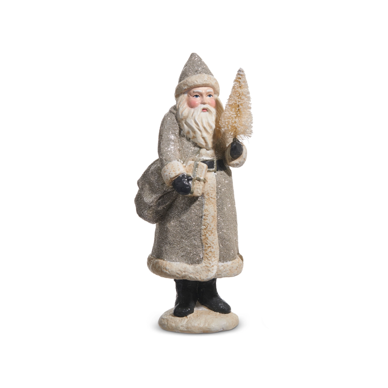 Glitter vintage Santa figurine in a silver coat holding a small tree and gift.