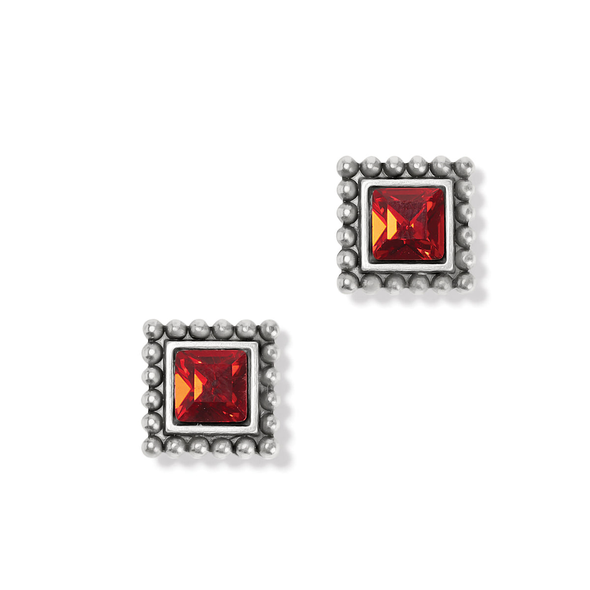 Sparkle Square Red Mini Post Earrings with silver-plated beaded borders and red crystals.