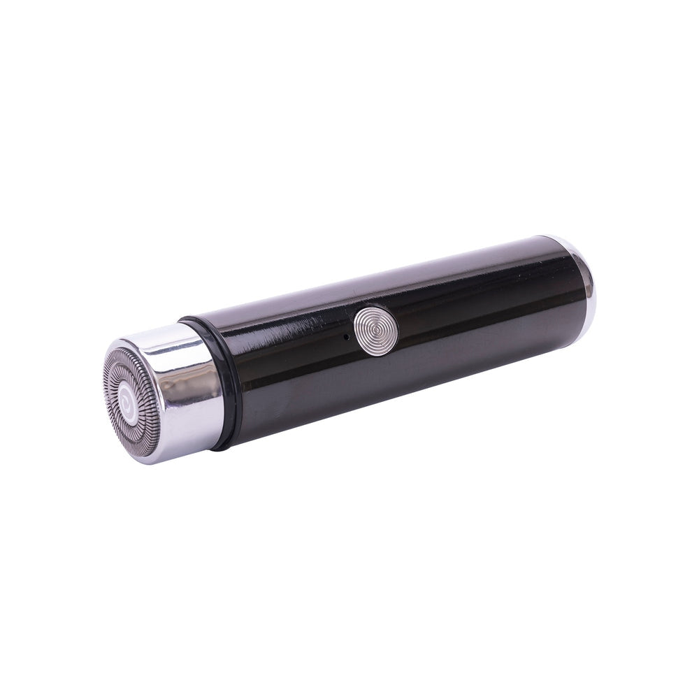 Black USB rechargeable electric shaver with ergonomic handle designed to remove stubble.