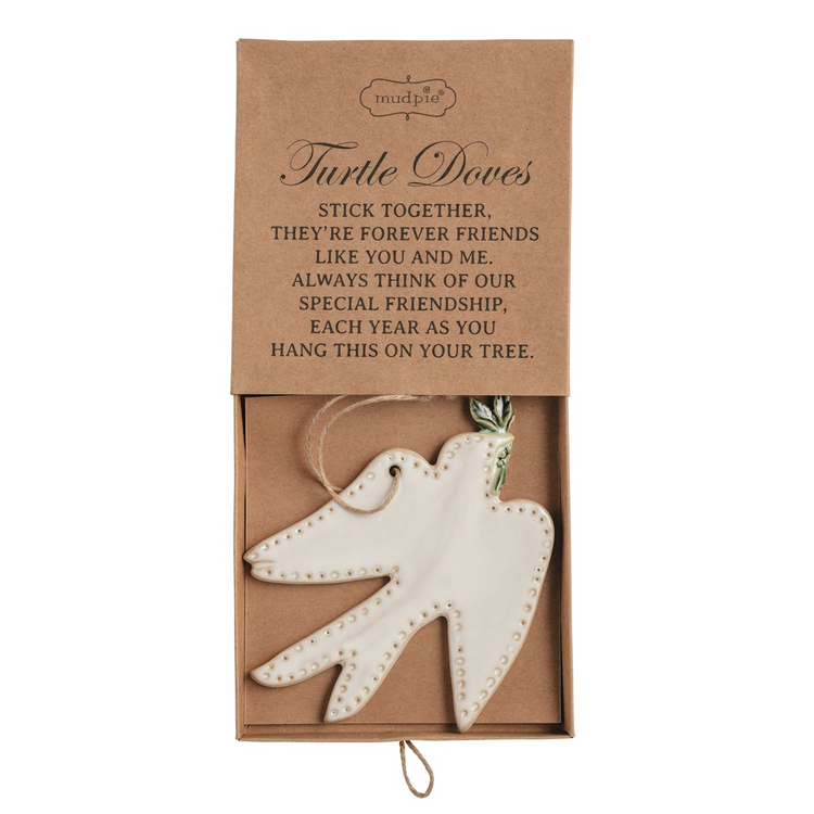 Ceramic turtle dove ornament with olive branch in a gift box with a friendship poem.