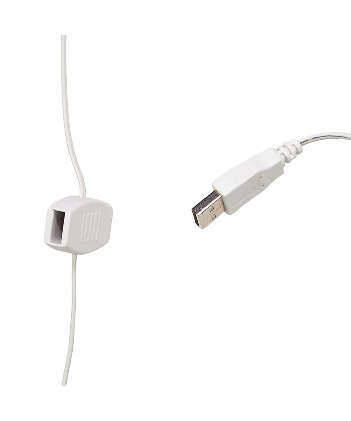 White USB extension cord featuring a USB-A plug and a single outlet module on a thin wire.