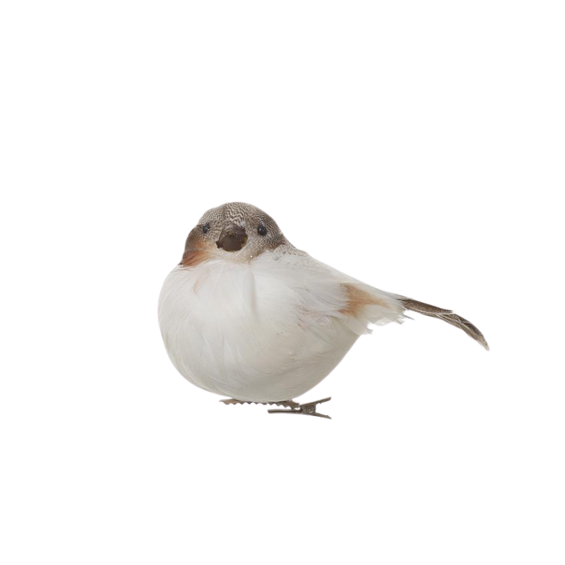 White foam and feather bird ornament with a metal clip for seasonal decor.