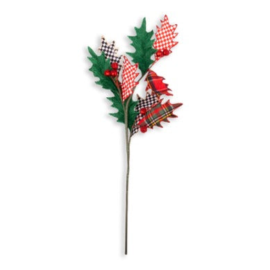 Timeless Tartan Holly Spray with green, plaid, and checkered leaves and red berries on a long stem.