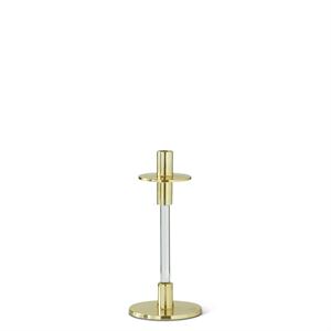 Gold metal slender taper candleholder with a clear acrylic stem and round base.