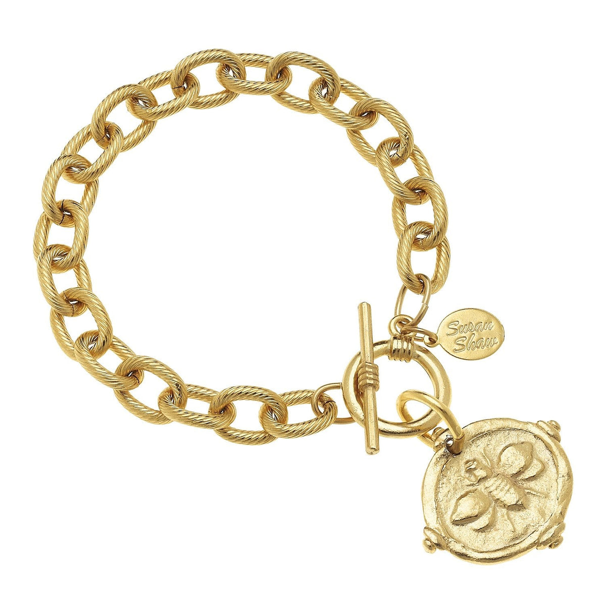 Gold Bee Intaglio Bracelet with a textured link chain, toggle clasp, and bee coin charm.