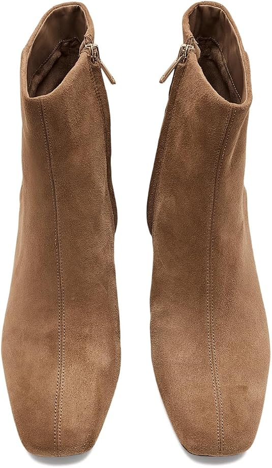 Top-down view of Paige Saigon brown suede ankle booties with a square toe and side zippers.