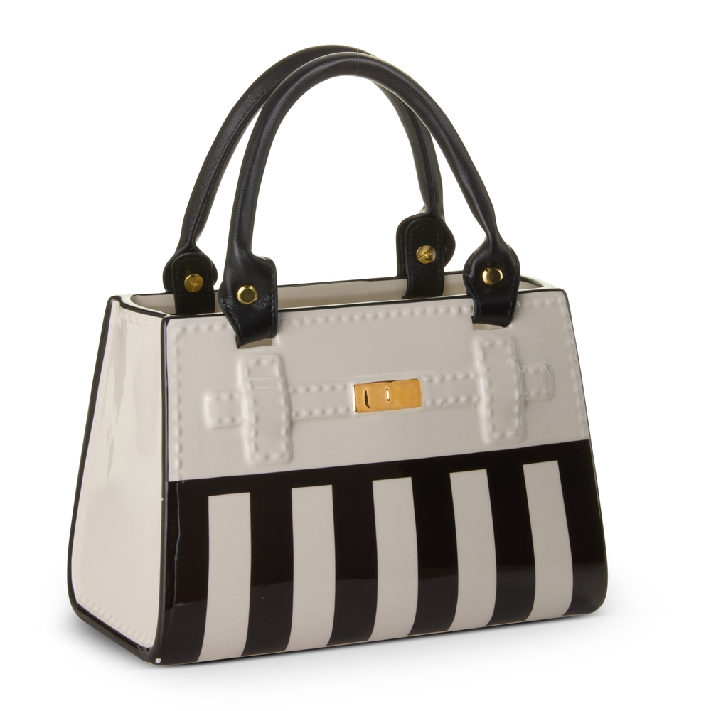 9.5-inch ceramic purse vase with black and white stripes, black handles, and gold accents.